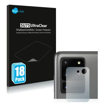 Front side of a product packaging with the brand logo Savvies. Next to it is the device Samsung Galaxy S20 Ultra (ONLY Camera 