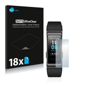 Front side of a product packaging with the brand logo Savvies. Next to it is the device Huawei Band 4 Pro shown with the corre