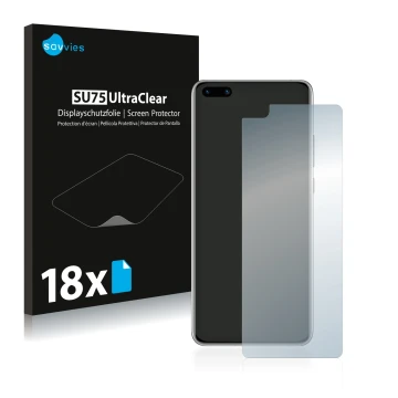 Front side of a product packaging with the brand logo Savvies. Next to it is the device Huawei P40 shown with the correspondin