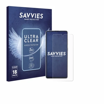 Front side of a product packaging with the brand logo Savvies. Next to it is the device Samsung Galaxy Note 10 Lite shown with