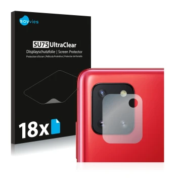 Front side of a product packaging with the brand logo Savvies. Next to it is the device Samsung Galaxy Note 10 Lite (ONLY Came