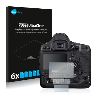 Front side of a product packaging with the brand logo Savvies. Next to it is the device Canon EOS 1D X Mark III shown with the