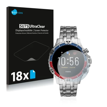 Front side of a product packaging with the brand logo Savvies. Next to it is the device Fossil Garrett HR (5. Gen) shown with 