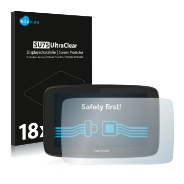 Front side of a product packaging with the brand logo Savvies. Next to it is the device TomTom Go Professional 520 shown with 