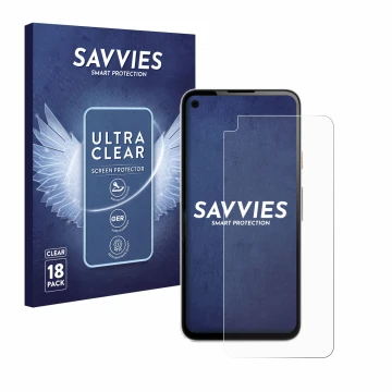 Front side of a product packaging with the brand logo Savvies. Next to it is the device Google Pixel 4a shown with the corresp