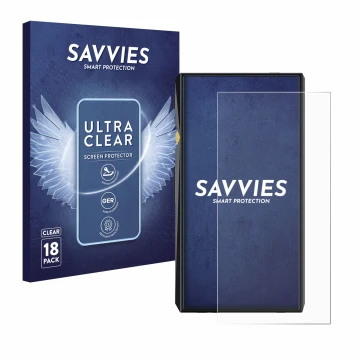 Front side of a product packaging with the brand logo Savvies. Next to it is the device FiiO M11 Pro shown with the correspond