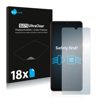 Front side of a product packaging with the brand logo Savvies. Next to it is the device Samsung Galaxy A31 shown with the corr