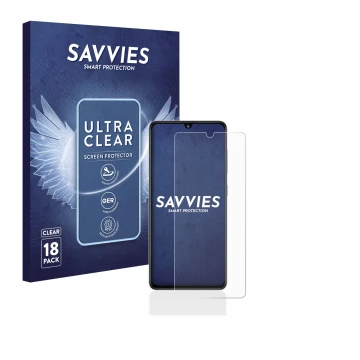 Front side of a product packaging with the brand logo Savvies. Next to it is the device Samsung Galaxy A41 shown with the corr