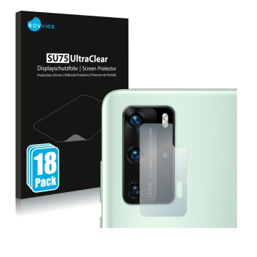 Front side of a product packaging with the brand logo Savvies. Next to it is the device Huawei P40 Pro (ONLY Camera Lens) show