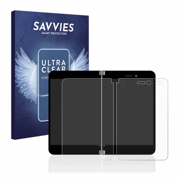 Front side of a product packaging with the brand logo Savvies. Next to it is the device Microsoft Surface Duo shown with the c