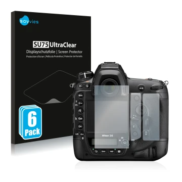 Front side of a product packaging with the brand logo Savvies. Next to it is the device Nikon D6 shown with the corresponding 