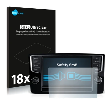 Front side of a product packaging with the brand logo Savvies. Next to it is the device Volkswagen Golf Sportsvan 2015 Discove