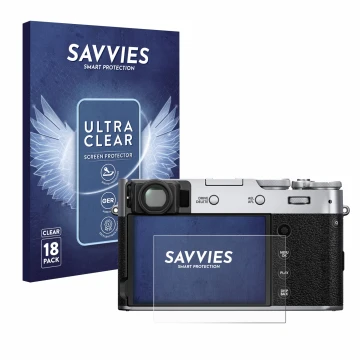 Front side of a product packaging with the brand logo Savvies. Next to it is the device Fujifilm X100V shown with the correspo