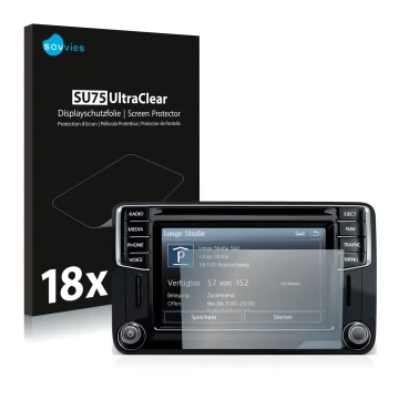 Front side of a product packaging with the brand logo Savvies. Next to it is the device Volkswagen Caddy 2015 Discover Media 6