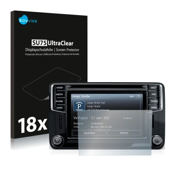 Front side of a product packaging with the brand logo Savvies. Next to it is the device Volkswagen Amarok Discover Media 6.5