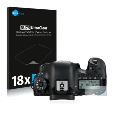 Front side of a product packaging with the brand logo Savvies. Next to it is the device Canon EOS 6D (top plate display) shown