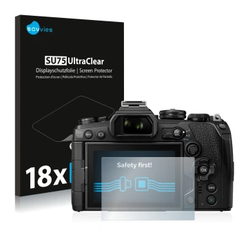 Front side of a product packaging with the brand logo Savvies. Next to it is the device Olympus OM-D E-M1 Mark III shown with 