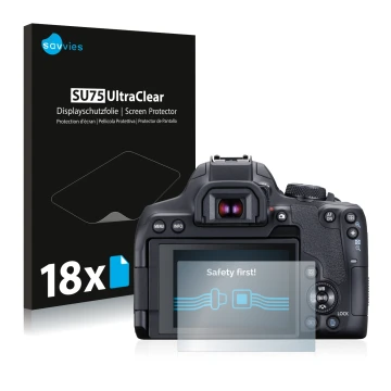 Front side of a product packaging with the brand logo Savvies. Next to it is the device Canon EOS 850D shown with the correspo