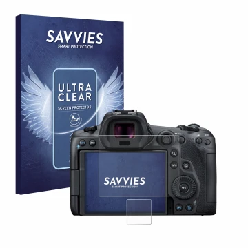 Front side of a product packaging with the brand logo Savvies. Next to it is the device Canon EOS R5 shown with the correspond