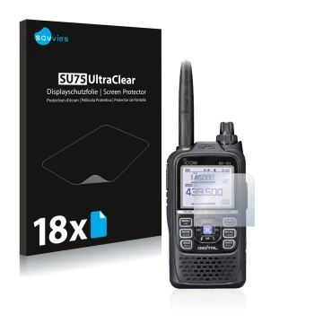 Front side of a product packaging with the brand logo Savvies. Next to it is the device Icom ID-51E Plus 2 shown with the corr