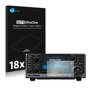 Front side of a product packaging with the brand logo Savvies. Next to it is the device Icom IC-R8600 shown with the correspon