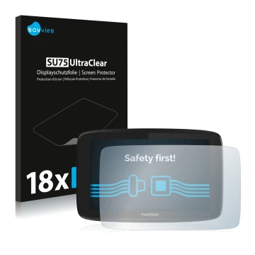 Front side of a product packaging with the brand logo Savvies. Next to it is the device TomTom Go Professional 6200 shown with