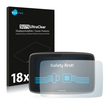 Front side of a product packaging with the brand logo Savvies. Next to it is the device TomTom Go Professional 6250 shown with