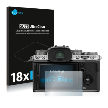 Front side of a product packaging with the brand logo Savvies. Next to it is the device Fujifilm X-T4 shown with the correspon