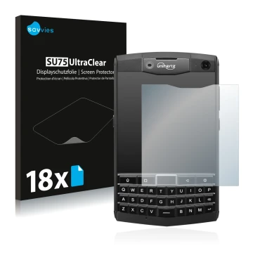 Front side of a product packaging with the brand logo Savvies. Next to it is the device Unihertz Titan shown with the correspo