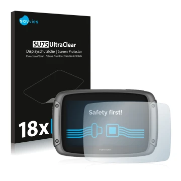 Front side of a product packaging with the brand logo Savvies. Next to it is the device TomTom Rider 50 shown with the corresp