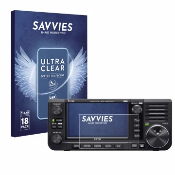 Front side of a product packaging with the brand logo Savvies. Next to it is the device Icom IC-705 shown with the correspondi