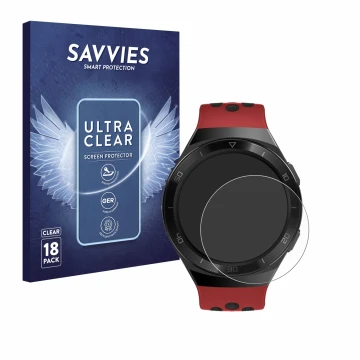 Front side of a product packaging with the brand logo Savvies. Next to it is the device Huawei Watch GT 2e shown with the corr
