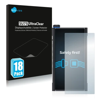 Front side of a product packaging with the brand logo Savvies. Next to it is the device FiiO M15 shown with the corresponding 