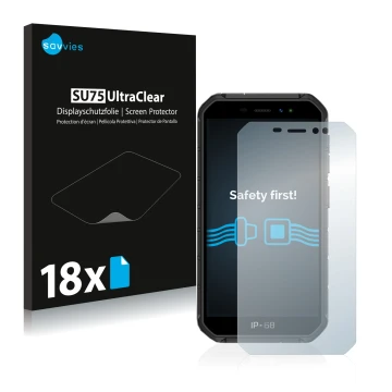 Front side of a product packaging with the brand logo Savvies. Next to it is the device Ulefone Armor X7 shown with the corres