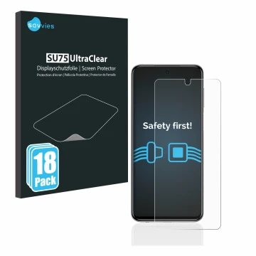 Front side of a product packaging with the brand logo Savvies. Next to it is the device Xiaomi Redmi Note 9S shown with the co
