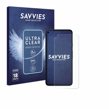 Front side of a product packaging with the brand logo Savvies. Next to it is the device Google Pixel 5 shown with the correspo