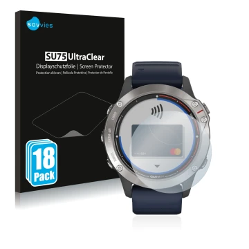 Front side of a product packaging with the brand logo Savvies. Next to it is the device Garmin quatix 6 shown with the corresp