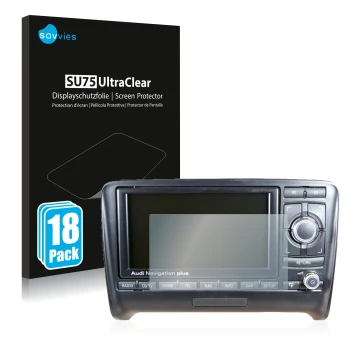 Front side of a product packaging with the brand logo Savvies. Next to it is the device Audi A3 8P 2004-2012 RNS-E shown with 