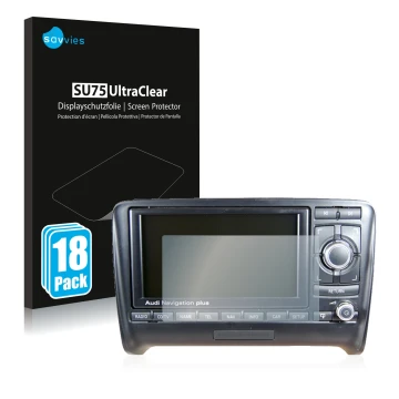 Front side of a product packaging with the brand logo Savvies. Next to it is the device Audi A4 8E 2004-2009 RNS-E shown with 