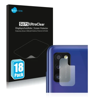 Front side of a product packaging with the brand logo Savvies. Next to it is the device Samsung Galaxy A41 (ONLY Camera Lens) 