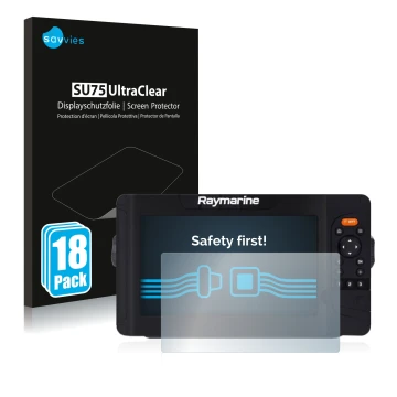 Front side of a product packaging with the brand logo Savvies. Next to it is the device Raymarine Element 7 HV shown with the 