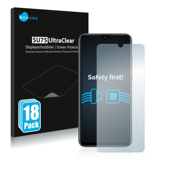Front side of a product packaging with the brand logo Savvies. Next to it is the device Huawei P smart 2020 shown with the cor