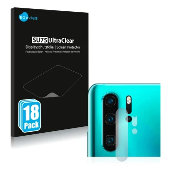 Front side of a product packaging with the brand logo Savvies. Next to it is the device Huawei P30 Pro New Edition (ONLY Camer