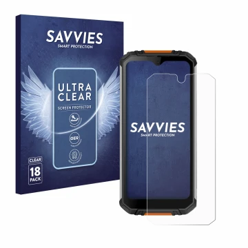 Front side of a product packaging with the brand logo Savvies. Next to it is the device Oukitel WP6 shown with the correspondi