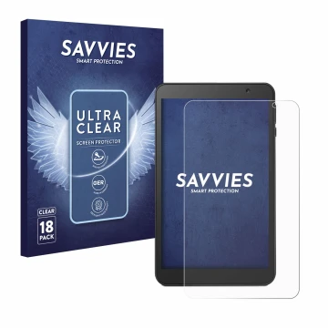 Front side of a product packaging with the brand logo Savvies. Next to it is the device Vankyo MatrixPad S8 shown with the cor