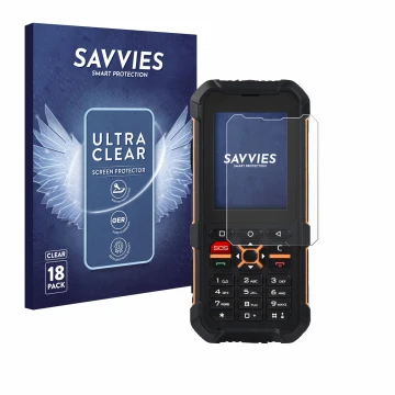 Front side of a product packaging with the brand logo Savvies. Next to it is the device RugGear RG170 shown with the correspon
