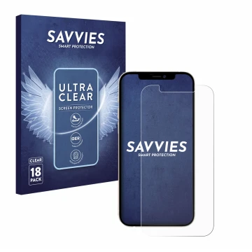 Front side of a product packaging with the brand logo Savvies. Next to it is the device Apple iPhone 12 shown with the corresp