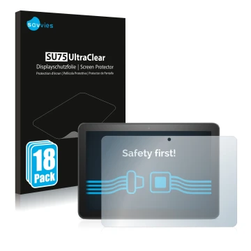 Front side of a product packaging with the brand logo Savvies. Next to it is the device Amazon Fire HD 8 Plus 2020 (10th Gen.)