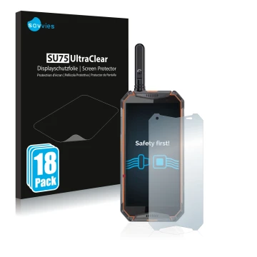 Front side of a product packaging with the brand logo Savvies. Next to it is the device Ulefone Armor 3w shown with the corres