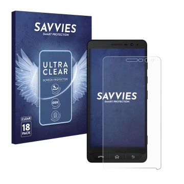 Front side of a product packaging with the brand logo Savvies. Next to it is the device Beafon M5 shown with the corresponding